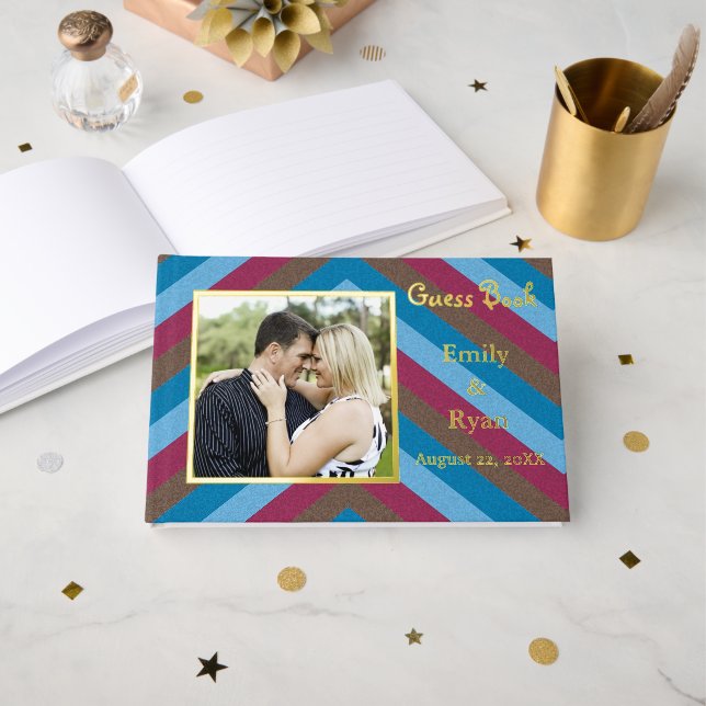 Custom Photo Let's Flamingle Gold Foil Striped Wed Guest Book (Front Open)