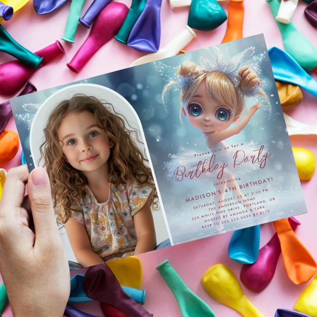 Custom Photo Little Ballerina and Blue Birthday Invitation (Creator Uploaded)