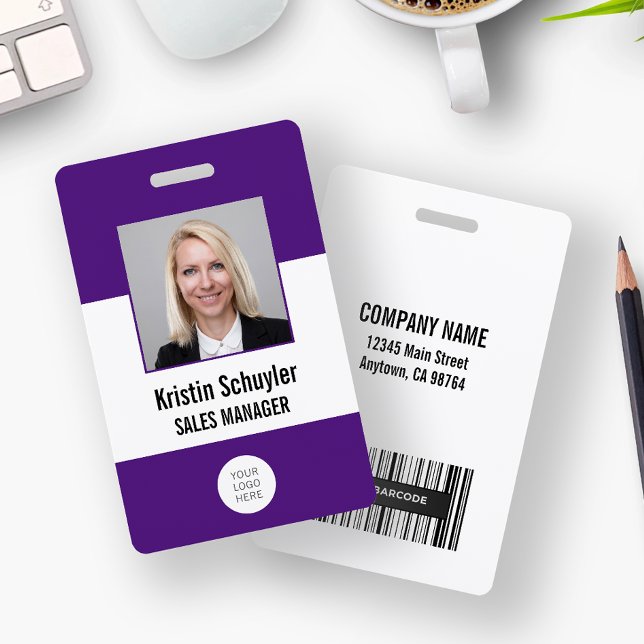 Custom Photo Logo Barcode Modern Purple White ID Badge (Creator Uploaded)