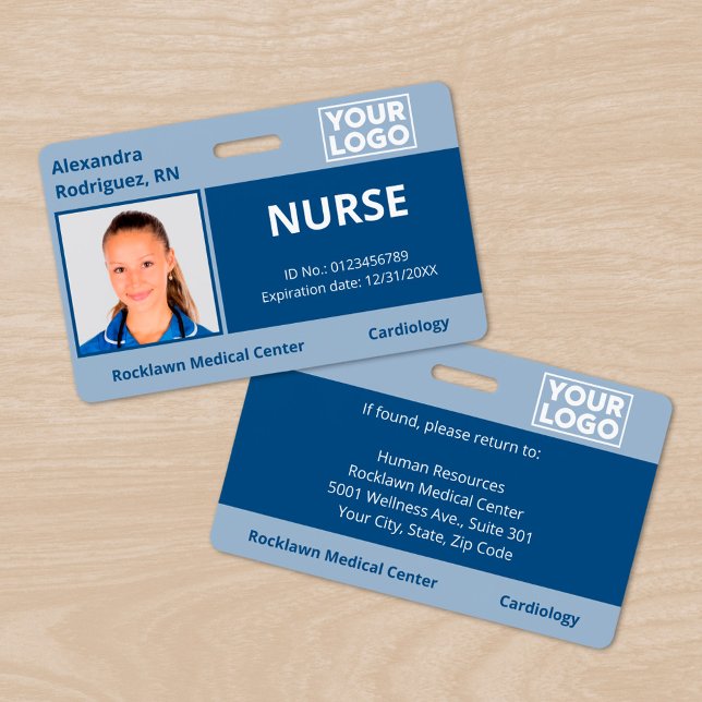 Custom Photo Logo Blue Medical Employee ID ID Badge (Custom Photo Logo Blue Medical Employee ID Badge, front/back)