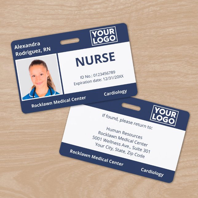 Custom Photo Logo Navy Blue Medical Employee ID ID Badge (Custom Photo Logo Navy Blue Medical Employee ID Badge, front/back)