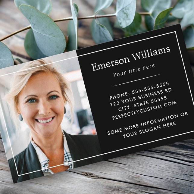 Custom photo logo white thin border elegant black business card (Custom photo logo white thin border elegant black business card)