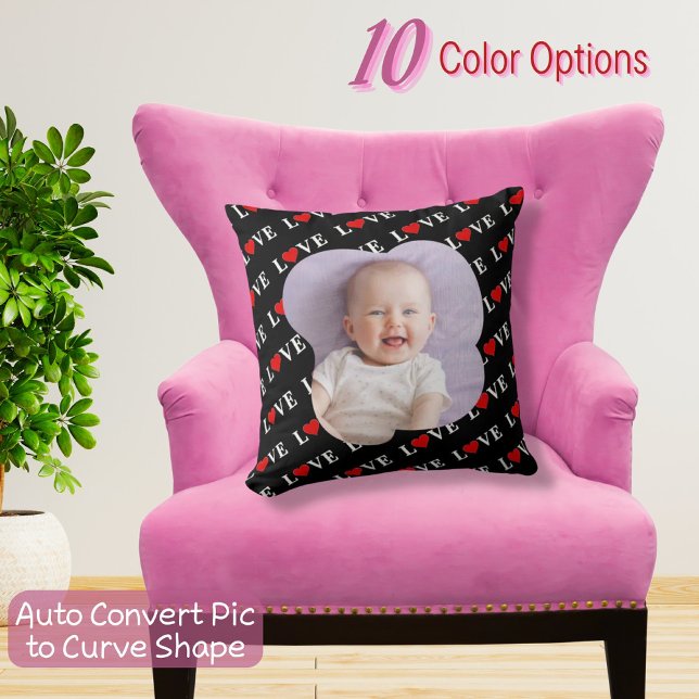 Custom Photo LOVE and Heart Modern Elegant Black Cushion (Creator Uploaded)