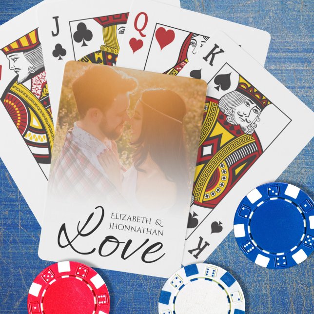 Custom Photo Love Black Script Couple Names White  Playing Cards (Creator Uploaded)