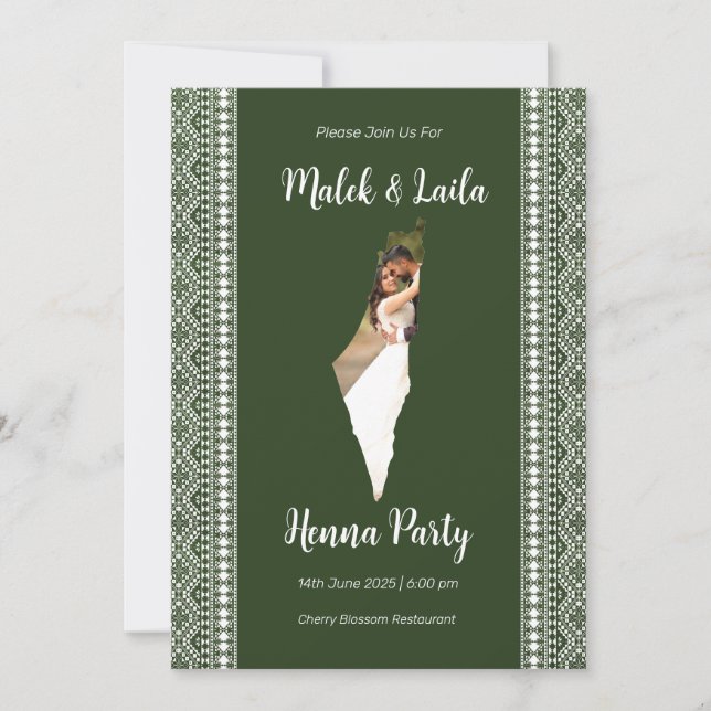 Custom Photo Map Of Palestine Green Henna Sign Invitation (Front)