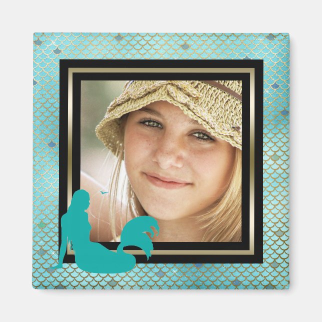 Custom Photo Mermaid Nautical Teal Gold Magnet (Front)