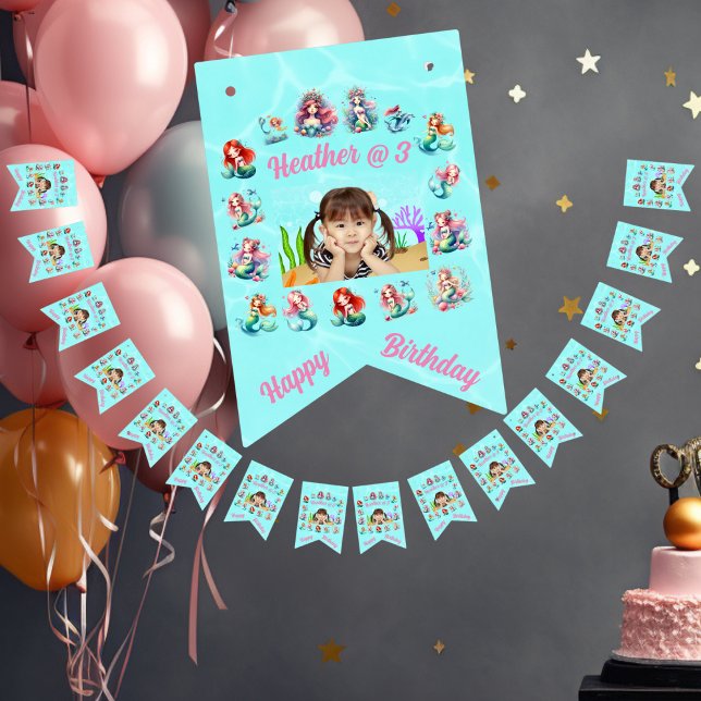 Custom Photo Mermaids Theme Kids Birthday Party Bunting (Creator Uploaded)