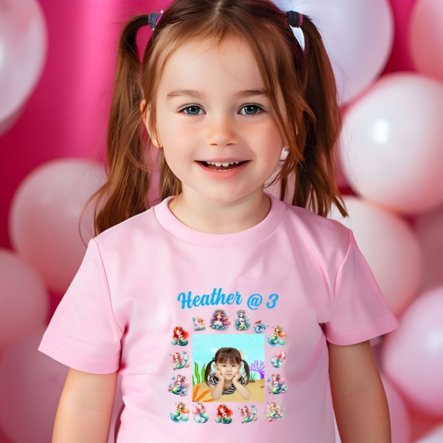 Custom Photo Mermaids Theme Pink Girl Birthday Toddler T-Shirt (Creator Uploaded)