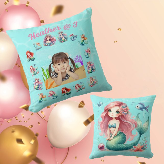Custom Photo Mermaids Throw Pillow Birthday Decor (Creator Uploaded)