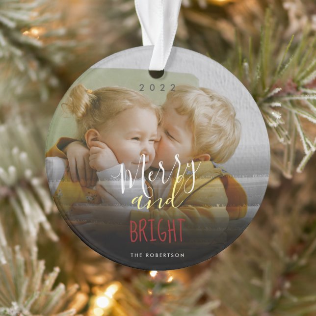 Custom Photo Merry and Bright Typography Ornament (Tree)