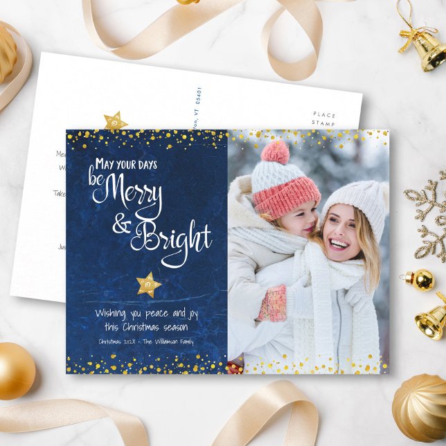Custom Photo Merry Bright Script Gold Star Blue Holiday Postcard (Creator Uploaded)