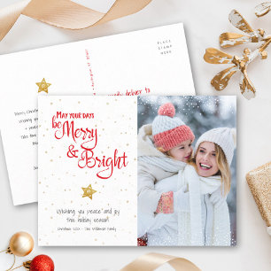 Custom Photo Merry Bright Script Gold Star Rustic Holiday Postcard