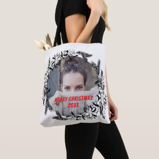 Custom Photo Merry Christmas Black Wreath  Tote Bag