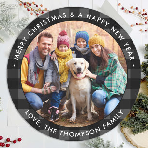 Custom Photo Merry Christmas Grey Buffalo Plaid  Classic Round Sticker