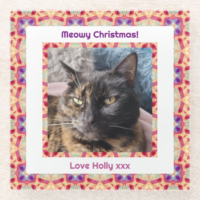 Custom Photo Merry Christmas Jolly Pet Cat Kitten Glass Coaster (Front)