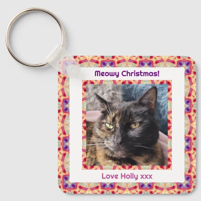 Custom Photo Merry Christmas Jolly Pet Cat Kitten Key Ring (Front)