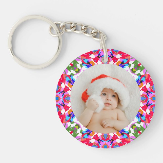 Custom Photo Merry Christmas Modern Colorful Key Ring (Front)