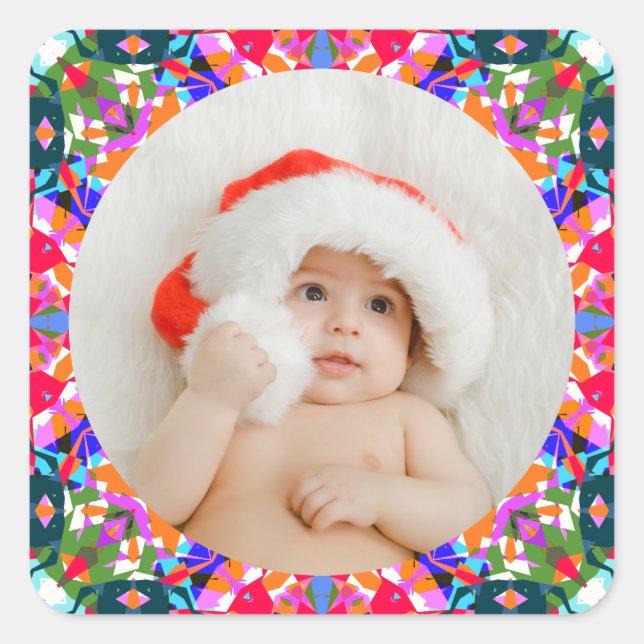 Custom Photo Merry Christmas Modern Colorful Square Sticker (Front)