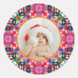 Custom Photo Merry Christmas Modern Colourful Classic Round Sticker