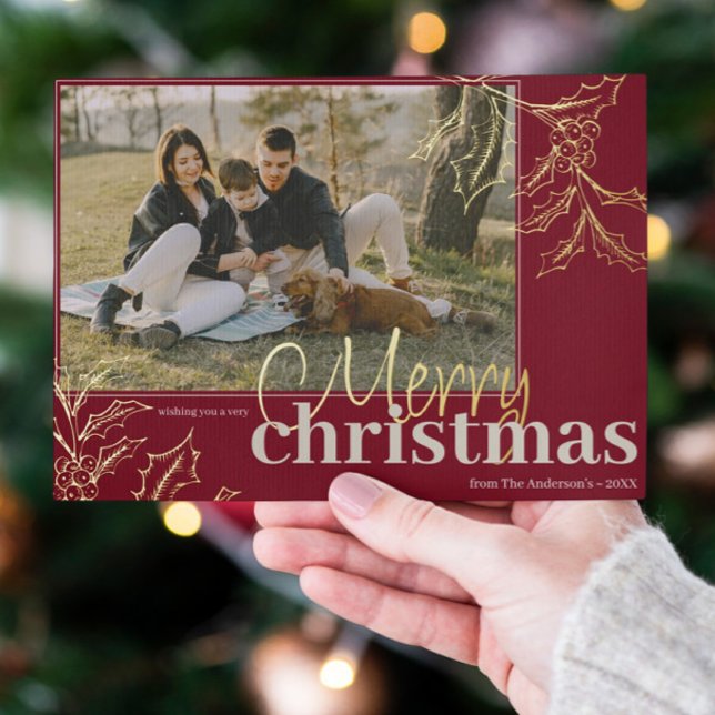 Custom Photo Merry Christmas Red Holly Berry Gold Foil Holiday Card (Custom Photo Merry Christmas Red Holly Berry Gold Foil Holiday Card)