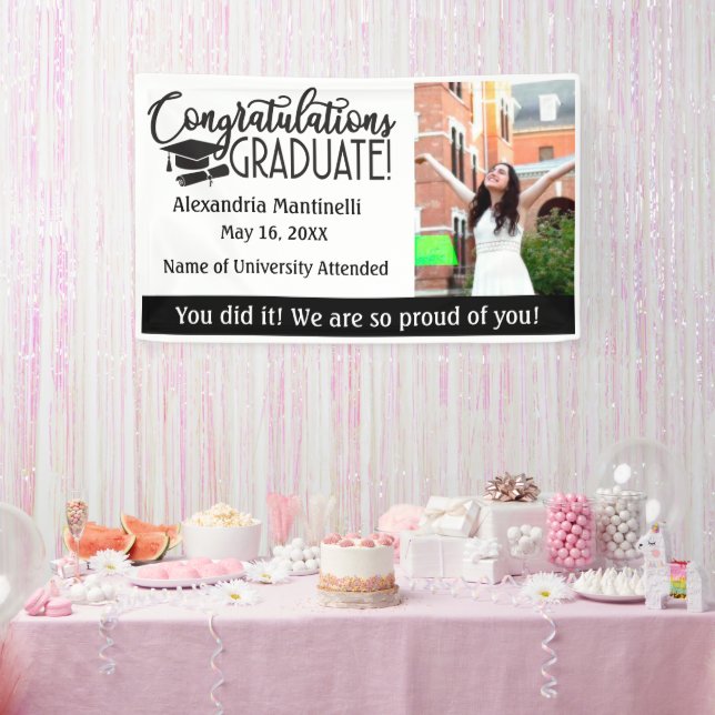 Custom Photo & Message Black & White Graduation Banner (Party)