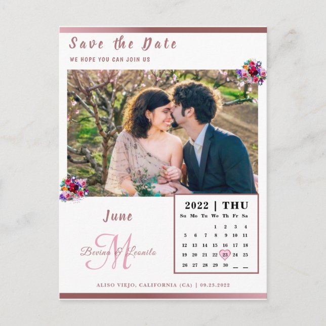 Custom Photo Metallic Coral Calendar Save the date Postcard (Front)