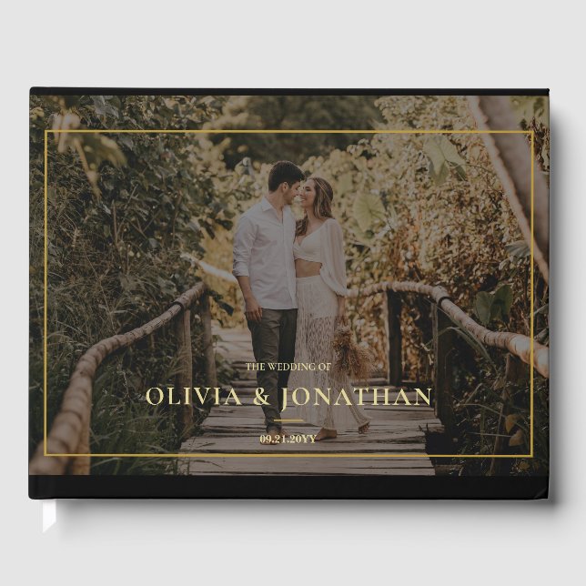 custom Photo Minimal Black Gold Wedding Guest Book (Front)