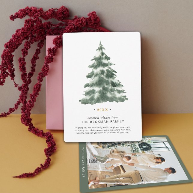 custom Photo Minimal Watercolor Christmas Tree Holiday Card (custom Photo Minimal Watercolor Christmas Tree Holiday Card)