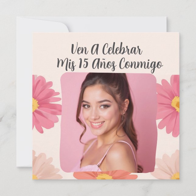 Custom Photo Mis Quince Flores Quinceañera Rosa Invitation (Front)
