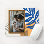 Custom Photo Modern Abstract Botanical Blue Yellow Mouse Pad<br><div class="desc">Bring personality to your workspace with this custom mouse pad featuring a bold and artistic design. Showcasing a vibrant mix of blue leaf motifs, warm orange accents, and a customisable photo frame, this mouse pad blends functionality with a modern aesthetic. Perfect for home offices, desks, or gifting to loved ones,...</div>