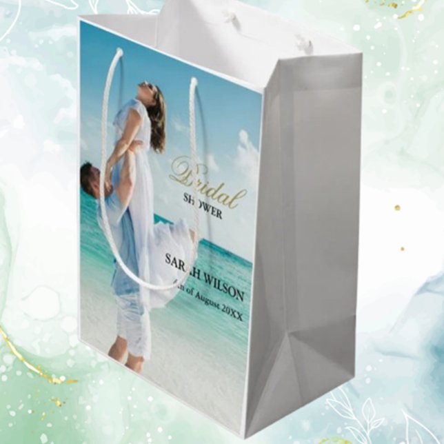 Custom Photo Modern Beach Wedding Medium Gift Bag (Celebrate your special day with a custom photo beach wedding gift bag. Add a personal touch  )