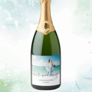 Custom Photo Modern Beach Wedding Sparkling Wine Label
