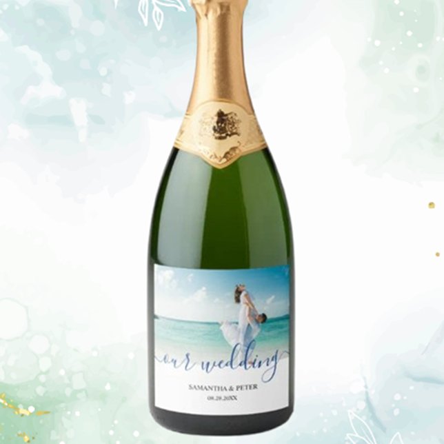 Custom Photo Modern Beach Wedding Sparkling Wine Label (Celebrate your special day with a custom photo modern beach wedding sparkling wine label.  )