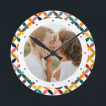Custom Photo Modern Colourful Personalised Round Clock<br><div class="desc">Custom Photo Modern Colourful Personalised Clock features a colourful modern geometric pattern with your favourite photo in the centre. PHOTO TIP: centre your photo prior to uploading to Zazzle. Designed by Evco Studio www.zazzle.com/store/evcostudio</div>