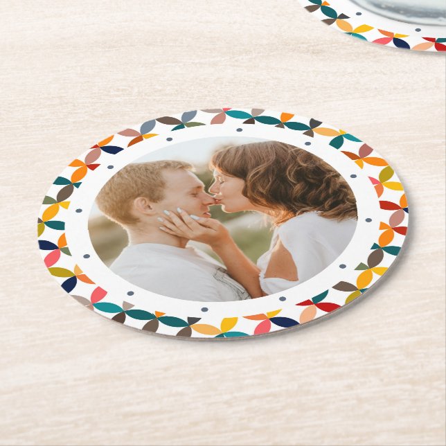 Custom Photo Modern Colourful Personalised Round Paper Coaster (Angled)
