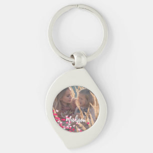 Custom Photo Modern Cursive Scattered Pink Hearts  Key Ring