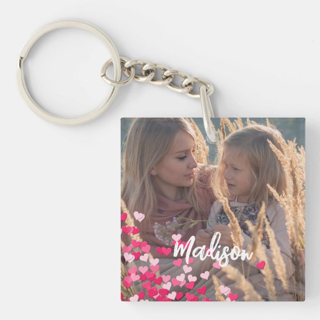 Custom Photo Modern Cursive Scattered Pink Hearts  Key Ring (Front)