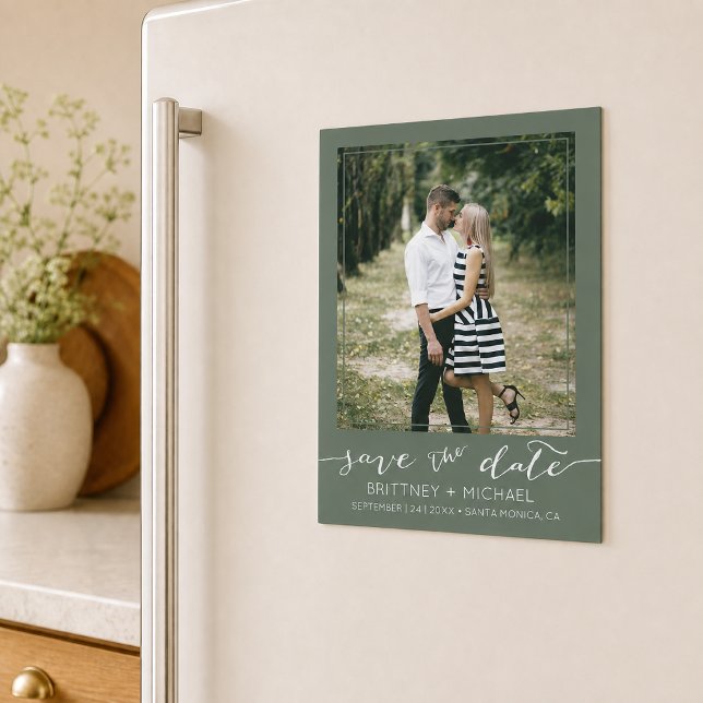Custom Photo Modern Dark Sage Save the Date (Announce your wedding with this custom photo modern dark sage save the date design. )