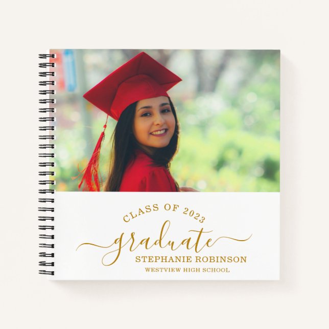Custom Photo Modern Gold Script Graduation Guest Notebook (Front)