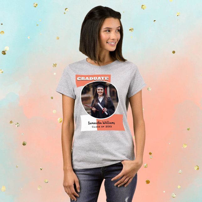 Custom Photo Modern Graduate Peach Graduation T-Shirt (A T-shirt for a new graduate, with your own photo and text on the front and back)