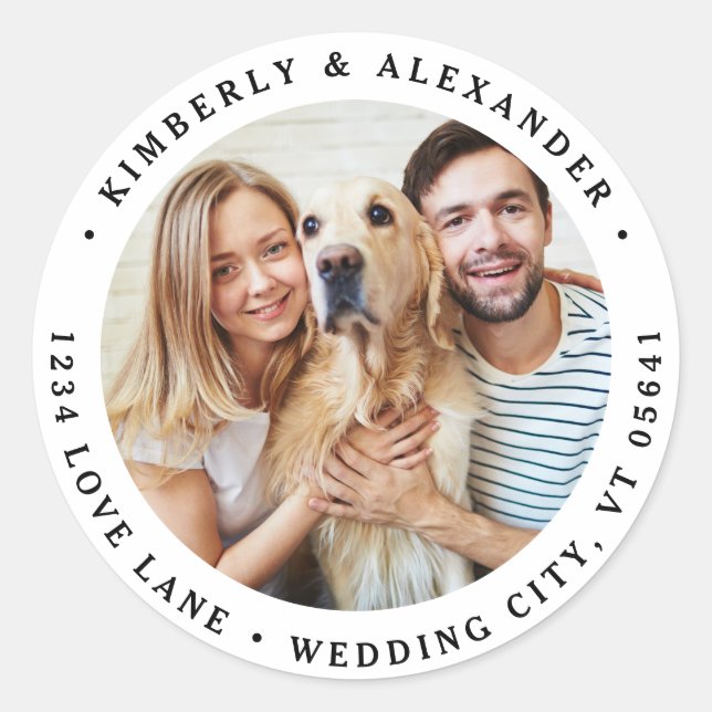  Custom Photo Modern Wedding Return Address  Classic Round Sticker (Front)