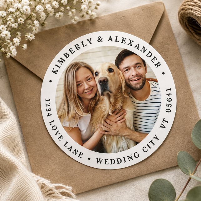  Custom Photo Modern Wedding Return Address  Classic Round Sticker (Custom Photo Modern Wedding Return Address Classic Round Sticker)
