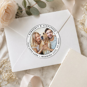 Custom Photo Modern Wedding Return Address Classic Round Sticker