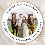Custom Photo Modern Wedding Return Address Classic Round Sticker<br><div class="desc">Add the finishing touch to your wedding invitations with these custom photo, and personalised address labels. Customise with your favourite photo, names, and address. These simple address labels can be used for any and all occasions. COPYRIGHT © 2020 Judy Burrows, Black Dog Art - All Rights Reserved. Custom Photo Modern...</div>