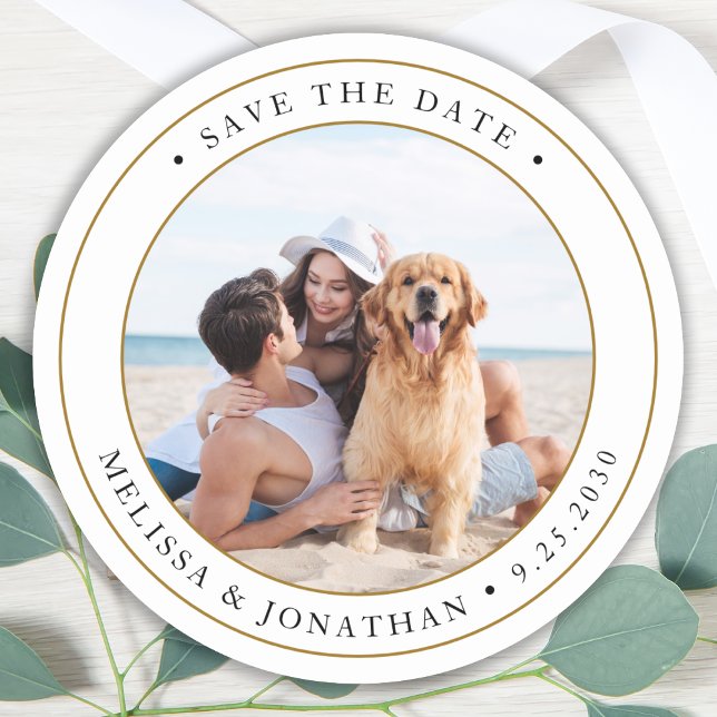 Custom Photo Modern Wedding Save The Date Classic Round Sticker (Creator Uploaded)