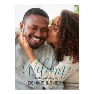 Custom Photo Modern Wedding Sign Blue