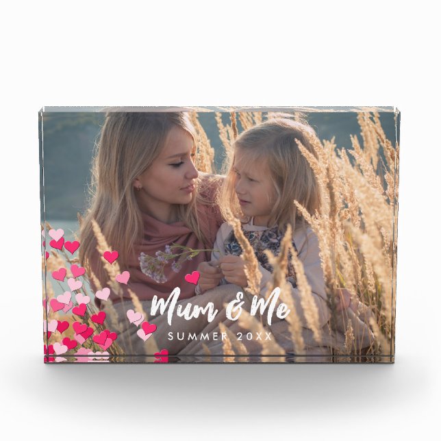 Custom Photo Modern Writing Scattered Pink Hearts Block (Front)