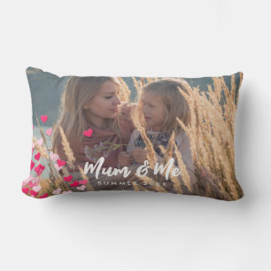 Custom Photo Modern Writing Scattered Pink Hearts Lumbar Cushion