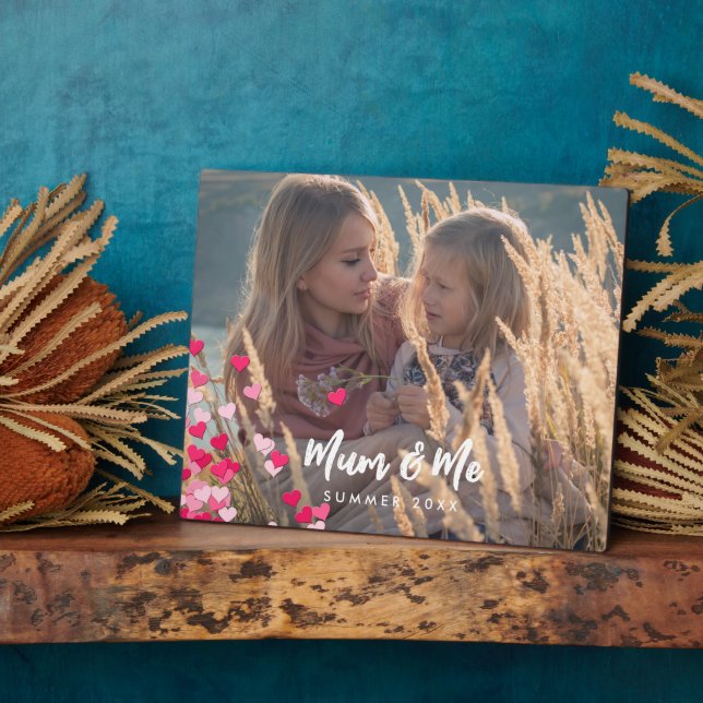 Custom Photo Modern Writing Scattered Pink Hearts Plaque (Side)