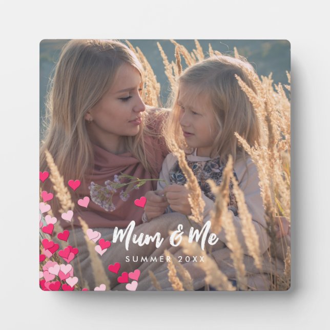 Custom Photo Modern Writing Scattered Pink Hearts Plaque (Front)